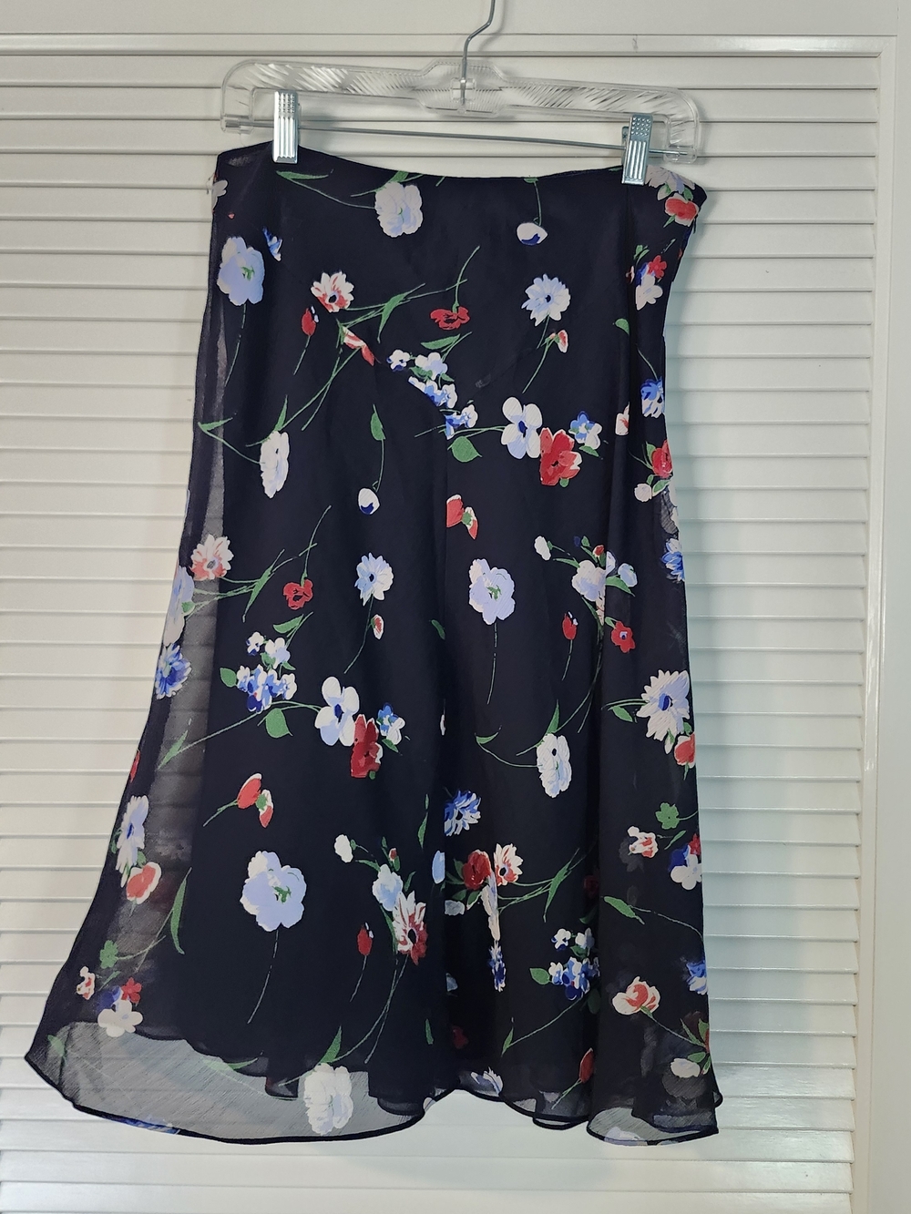 90s Flowing Navy Midi Skirt with Bright Florals